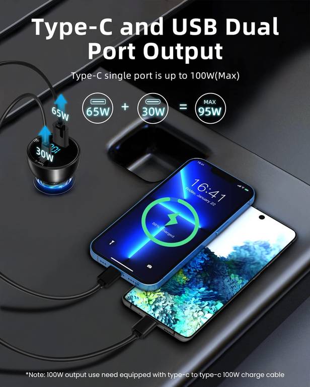 Baseus 100W Car Charger Dual Port USB Type C