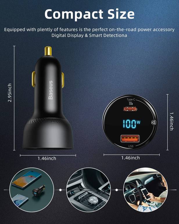Baseus 100W Car Charger Dual Port USB Type C