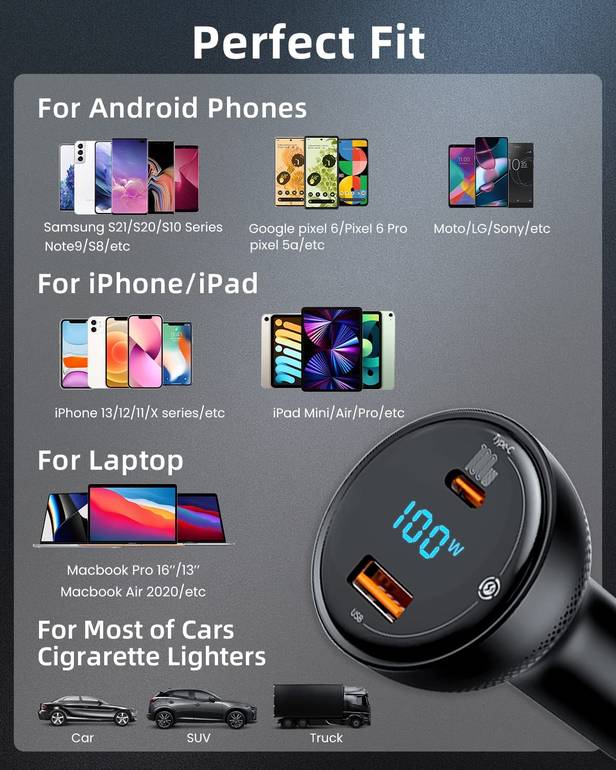 Baseus 100W Car Charger Dual Port USB Type C