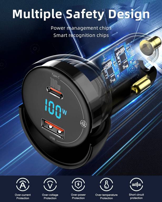 Baseus 100W Car Charger Dual Port USB Type C