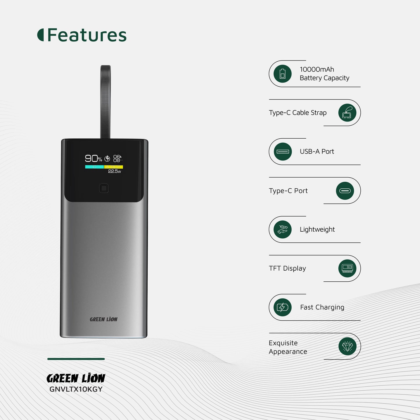 Green Lion Voltix 10000mAh Power Bank PD20W - Grey