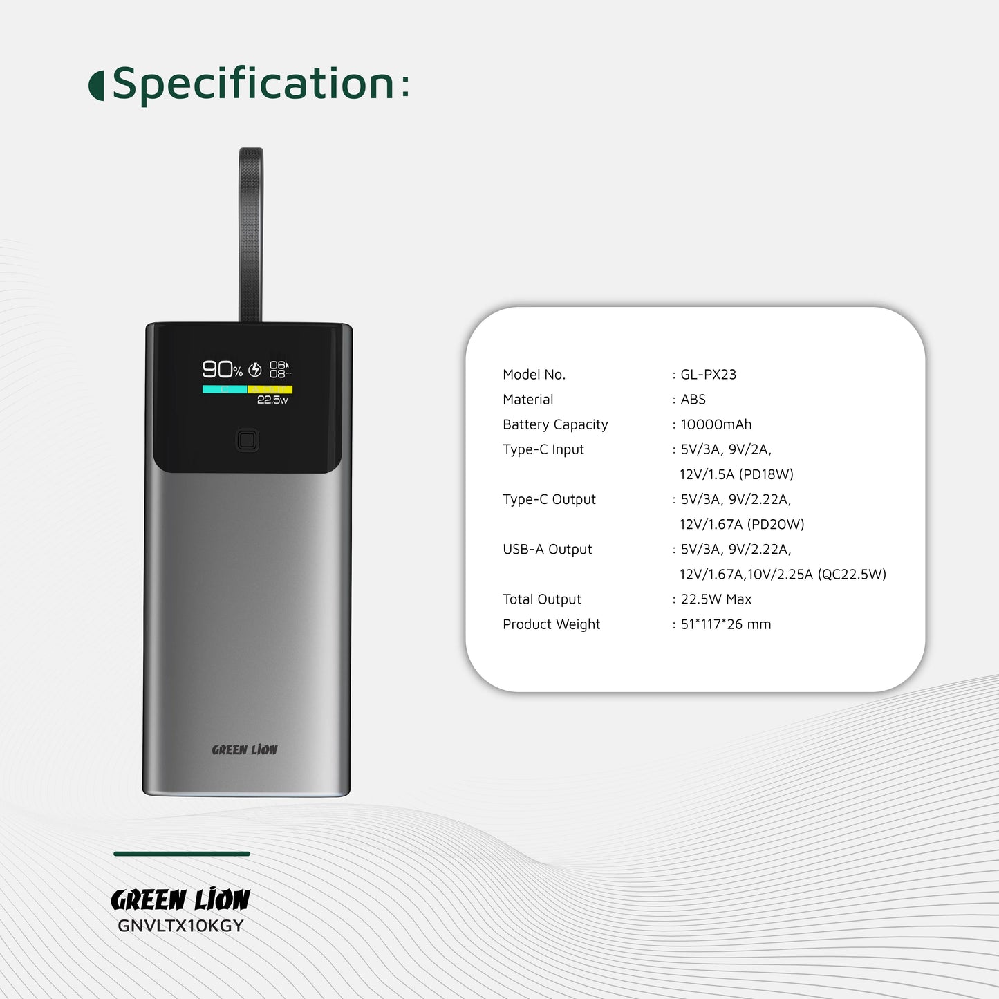 Green Lion Voltix 10000mAh Power Bank PD20W - Grey