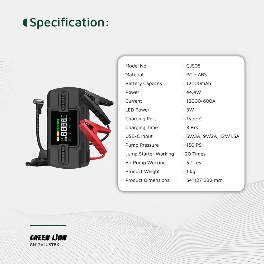 Green Lion 12V Jump Starter 12000 mAh - Black