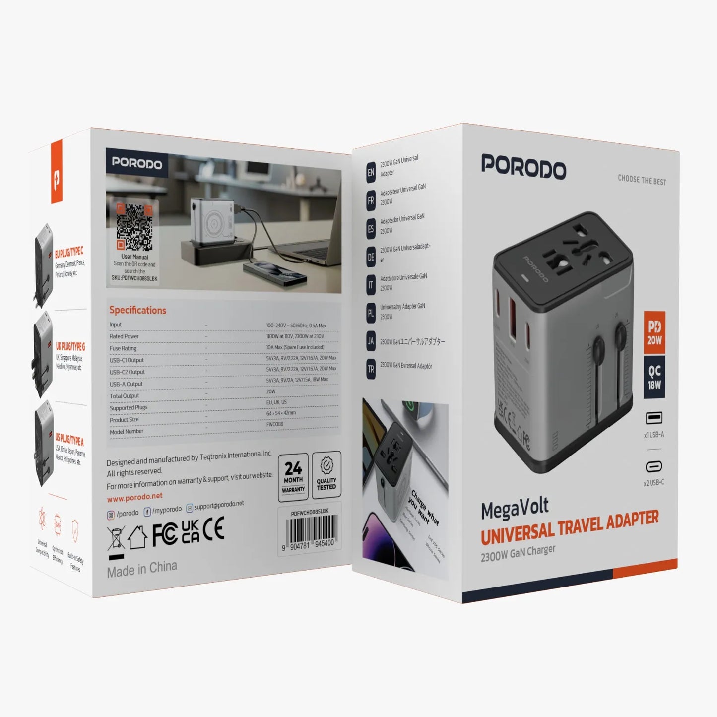 Porodo Mega Volt Universal Travel Adapter - Silver/Black
