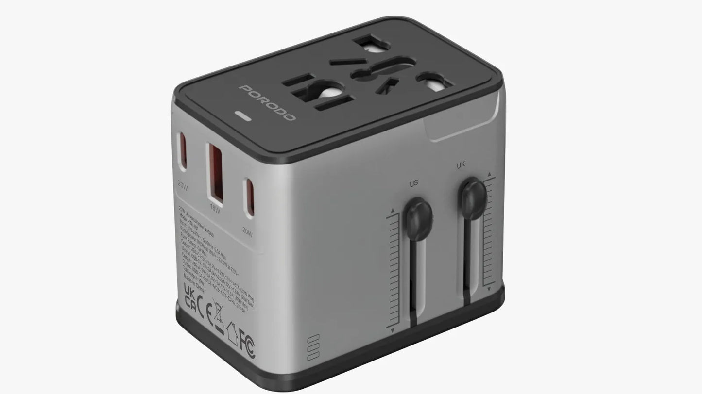 Porodo Mega Volt Universal Travel Adapter - Silver/Black