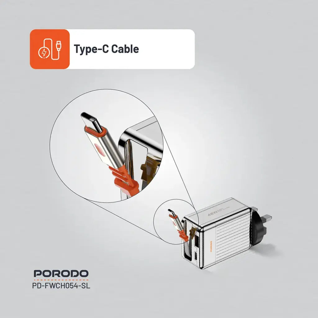 Porodo 75cm Retractable Type-C Super Quick GaN Charger