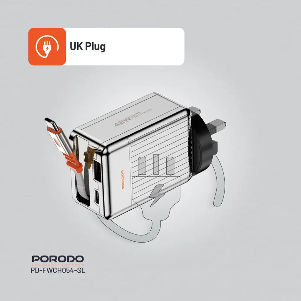 Porodo 75cm Retractable Type-C Super Quick GaN Charger