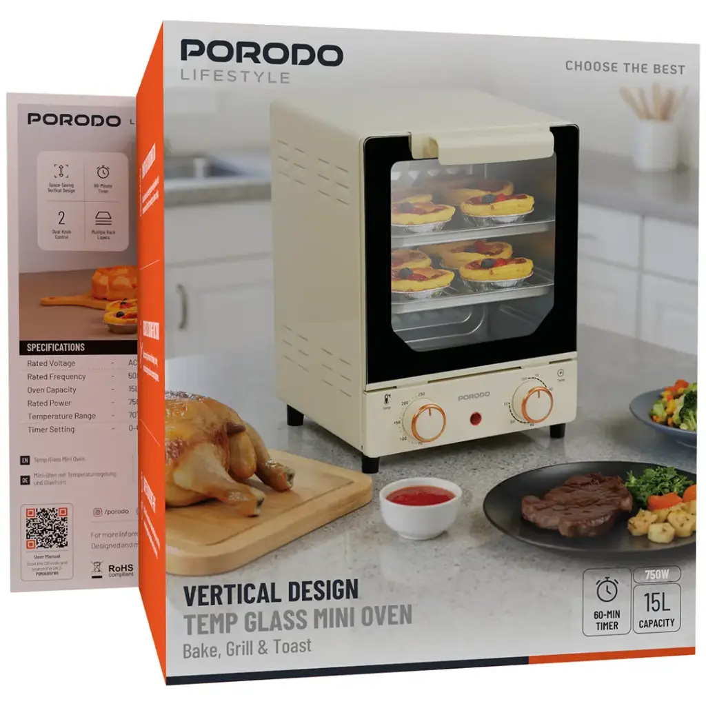 Porodo Lifestyle Vertical Design Temp Glass Mini Oven - White