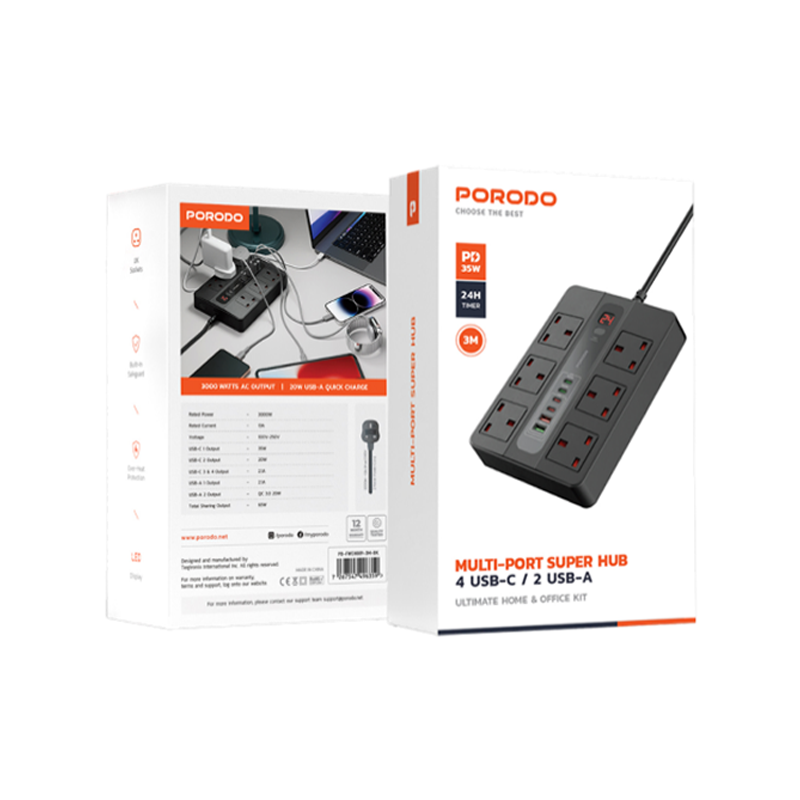 Porodo Multi-port Super Hub – Power Plug 3M