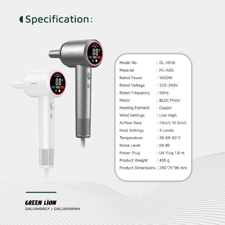 Green Lion LUXAIR Hair Dryer with Display 1600W - White