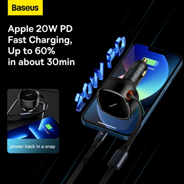 Baseus Enjoyment Retractable 2-in-1 Car Charger C+L 30W Black