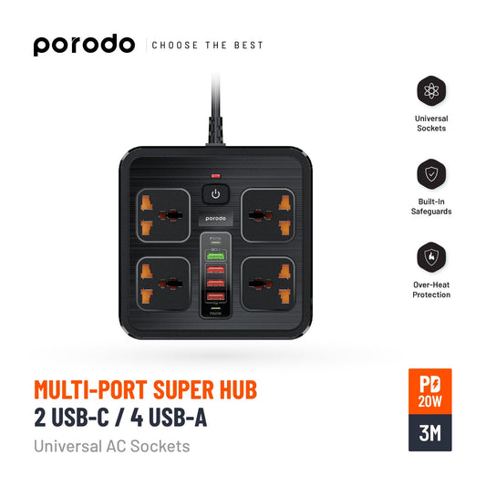 Porodo 3USB-A  2Type-C and 4AC Multiport Socket with  UK Plug 3 Meter - Black