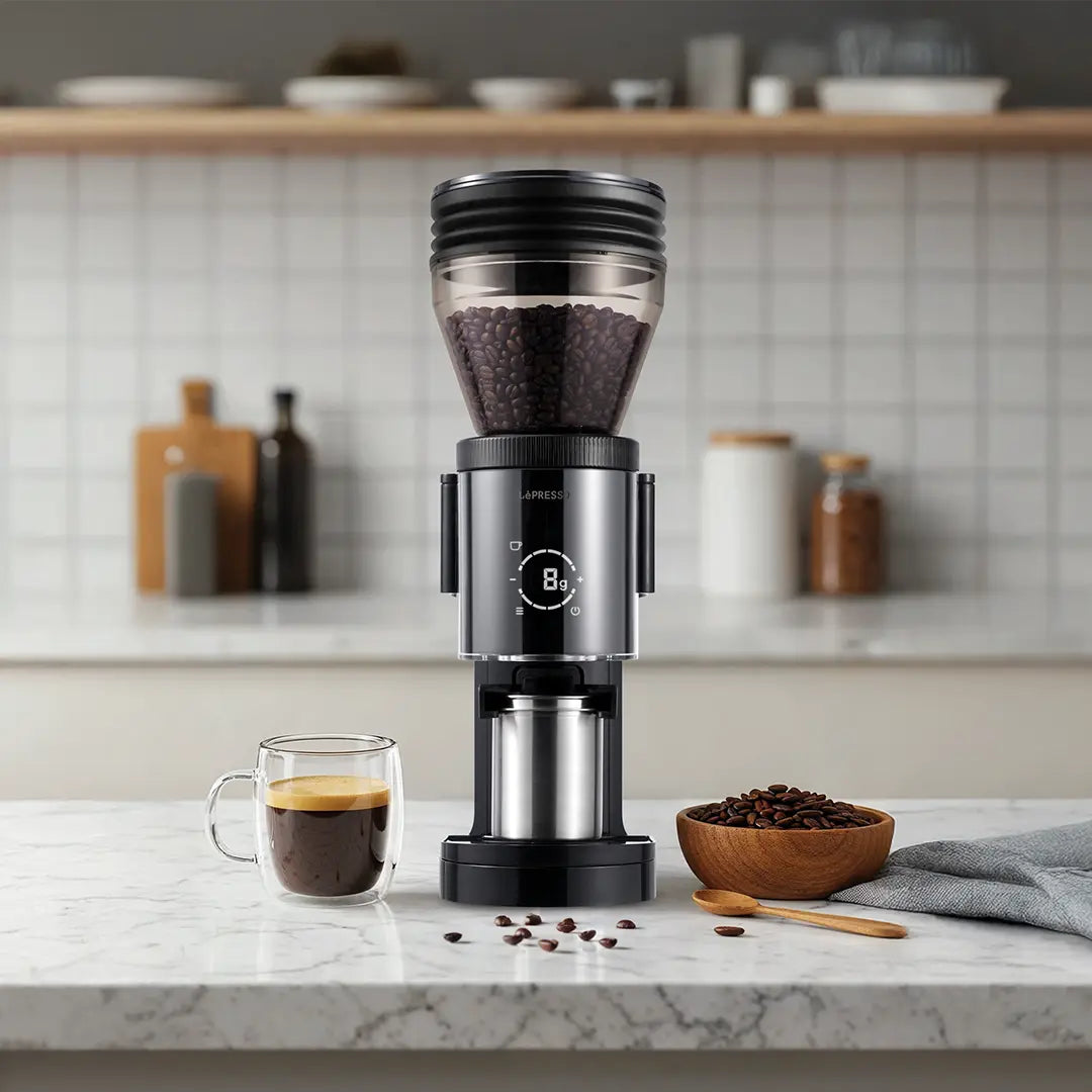 LePresso Grindeur Conical Burr Grinder with Digital Weight Control - Black