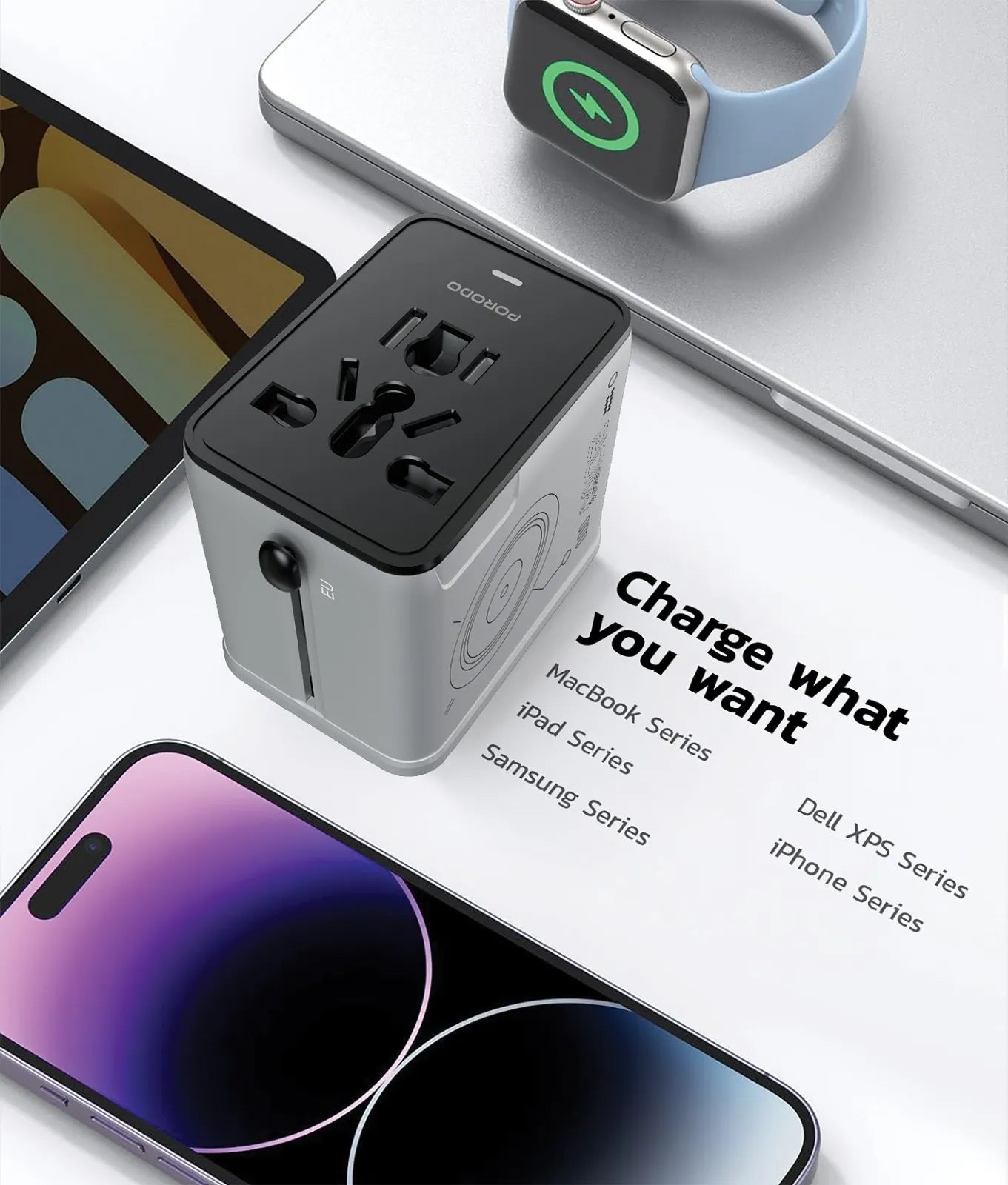 Porodo Mega Volt Universal Travel Adapter - Silver/Black