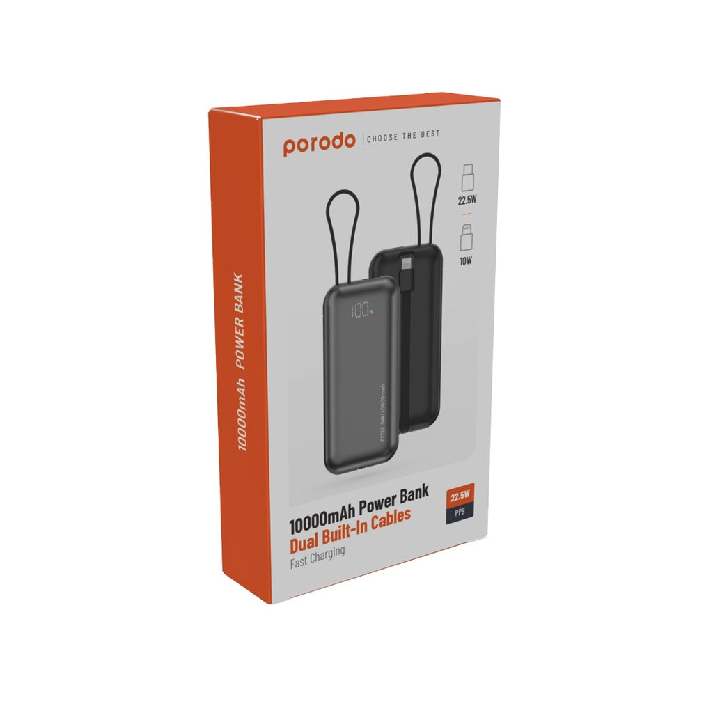 Porodo 10000mAh Power Bank Dual Built-In Cables Fast Charging - Black