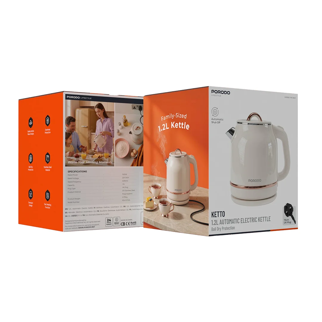 Porodo Lifestyle Ketto 1.2L Automatic Electric Kettle with Boil Dry Protection - Beige