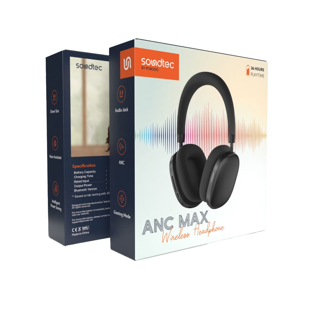 سماعة الرأس Porodo Soundtec Airpodmax ANC - أسود