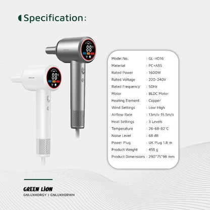 Green Lion LUXAIR Hair Dryer with Display 1600W - White