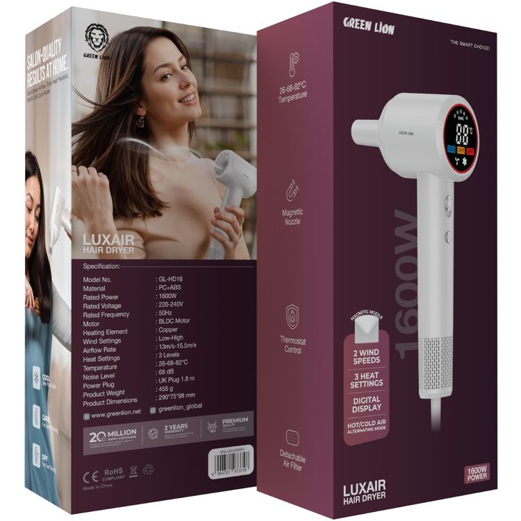 Green Lion LUXAIR Hair Dryer with Display 1600W - White