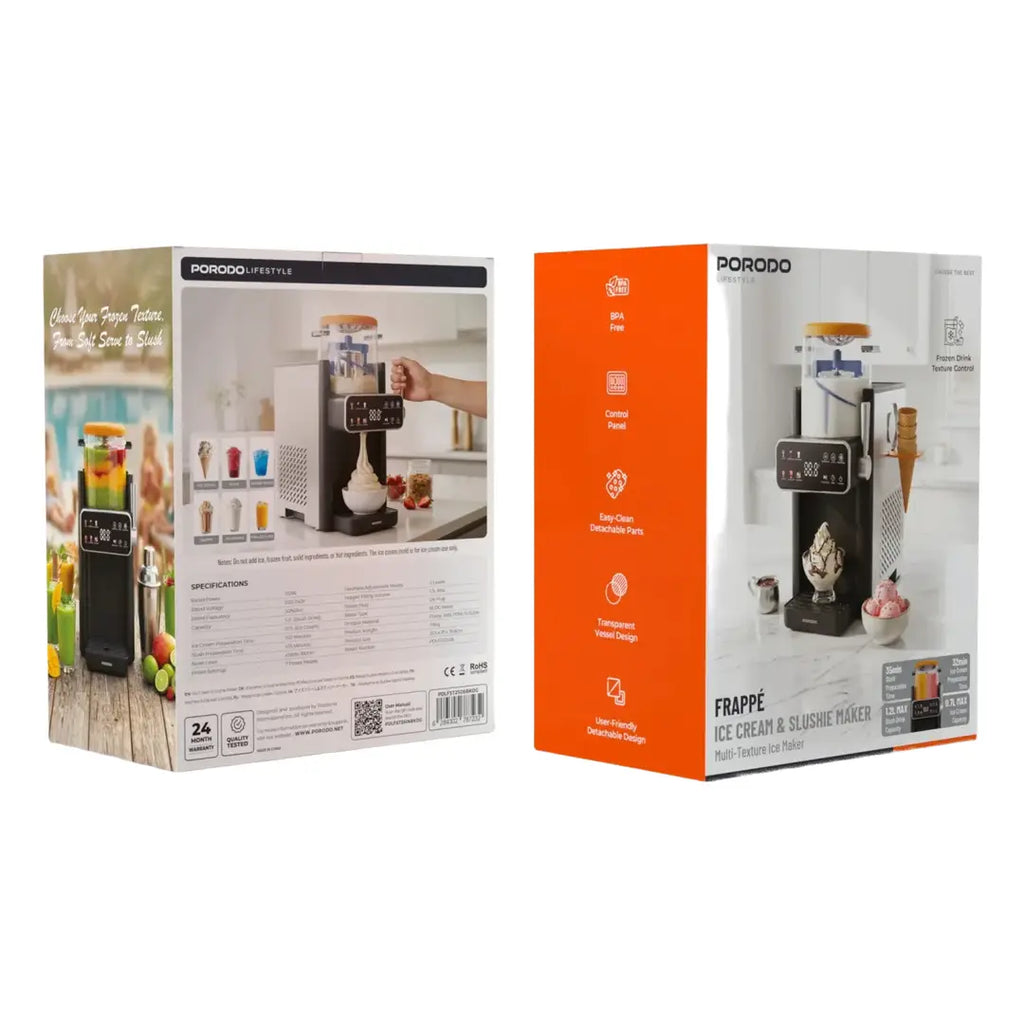 Porodo Lifestyle Frappé Ice Cream & Slushie Maker with Multi-Texture Ice Maker - Black & Orange